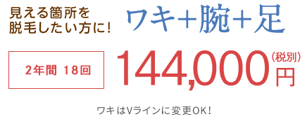 見える箇所を脱毛したい方に！ワキはVラインに変更OK！　2年間18回 144,000円（税別）